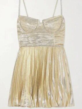 SELF-PORTRAIT Crystal-Embellished Plissé-Lamé Mini Dress NWT